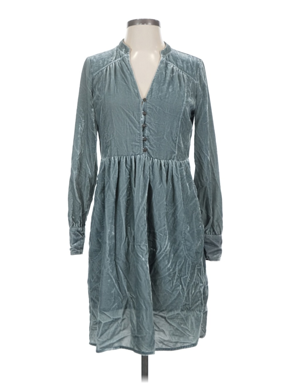 HOLDING HORSES Anthropologie Silver Blue Burnt Velvet Long-Sleeve Button Dress - Picture 3 of 8
